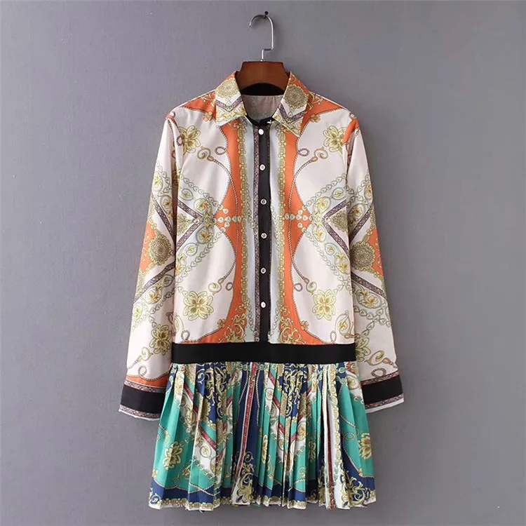 Женское Плиссированное Платье с принтом цепей, элегантное винтажное мини-платье с длинным рукавом, весна-лето 
Женское Плиссированное Платье с принтом цепей, элегантное винтажное мини-платье с длинным рукавом, весна-лето