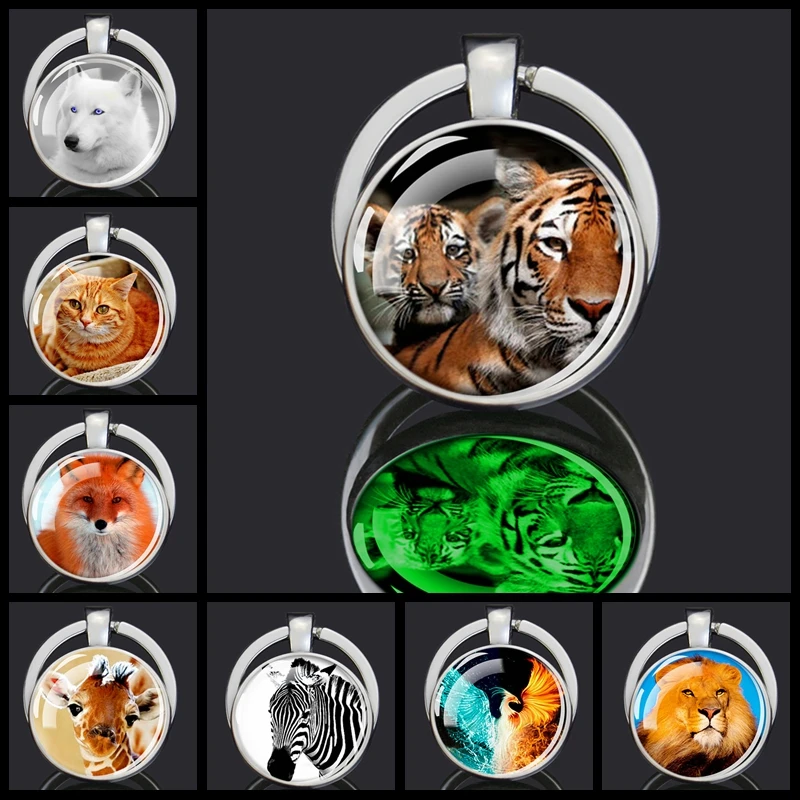 

Glow In Dark Animals Keychain Tiger Wolf Fox Lion Cat Horse Snake Butterfly Deer Luminous Double Side Glass Dome Pendant Keyring