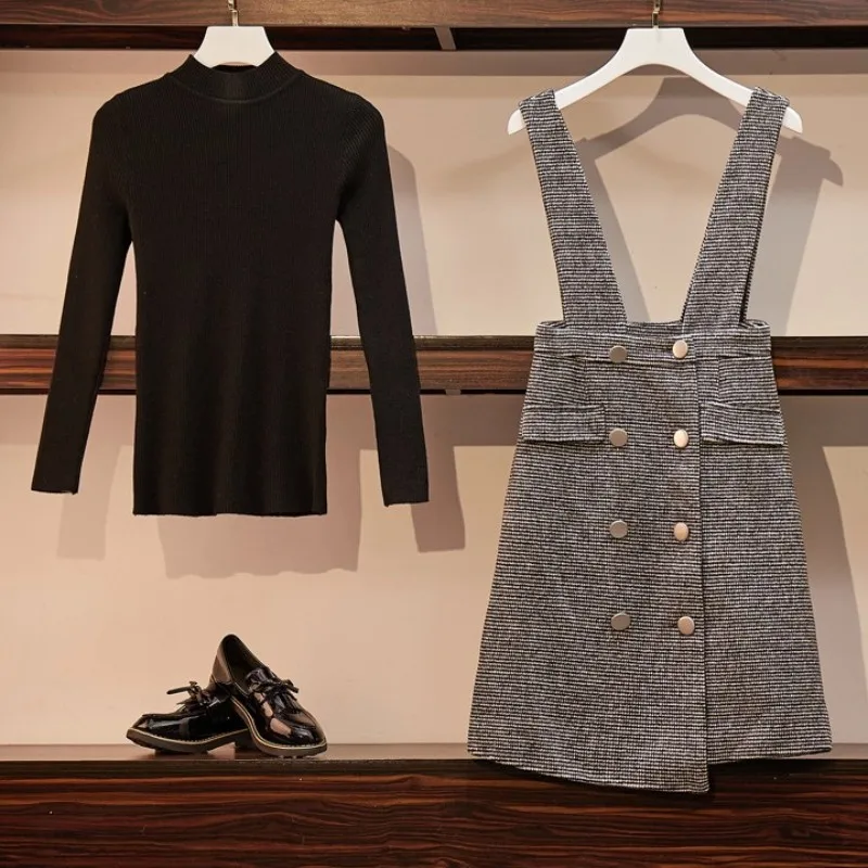Winter Elegant Slim Knitted Strap Black Long Sleeve Pullover Sweater 2 Piece Women Designer Button Dress Set Plus Size
Winter Elegant Slim Knitted Strap Black Long Sleeve Pullover Sweater 2 Piece Women Designer Button Dress Set Plus Size