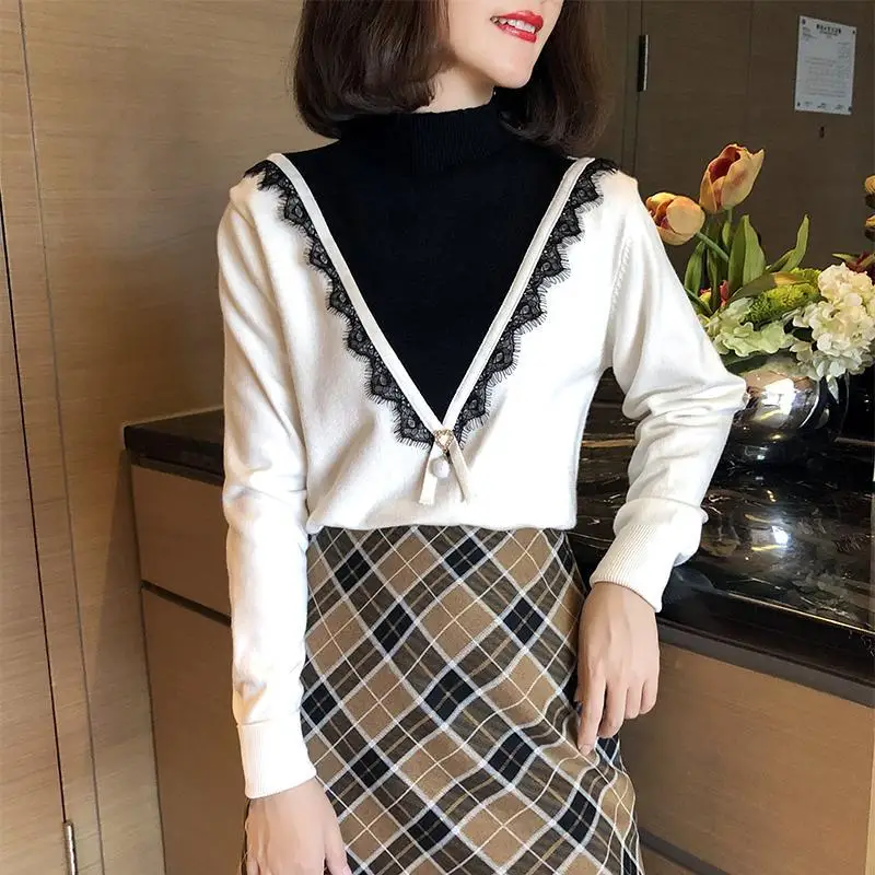 Fleece/No Fleece Half-Collar Sweater Women's Style for Autumn and Winter Loose Slimming Shirt Lace Knit Low Waist Jersey Women 
Fleece/No Fleece Half-Collar Sweater Women's Style for Autumn and Winter Loose Slimming Shirt Lace Knit Low Waist Jersey Women