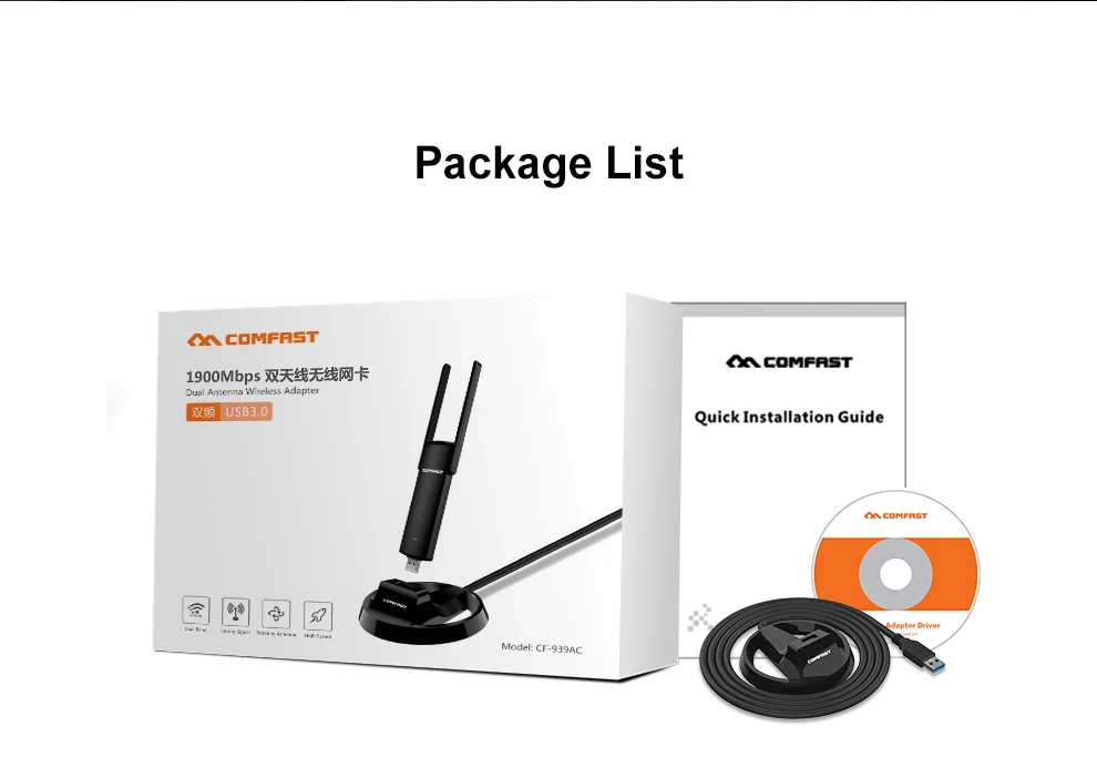 COMFAST High power 1900Mbps Dual Band wifi Dongle 2.4Ghz & 5.8Ghz AC Network Card USB Wifi Antenna Adapter CF-939AC | Компьютеры и