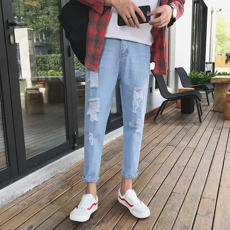 New summer jeans with holes, men's trendy leggings, cropped pants, slim fit, beggars' pants, couple, Korean pants
New summer jeans with holes, men's trendy leggings, cropped pants, slim fit, beggars' pants, couple, Korean pants