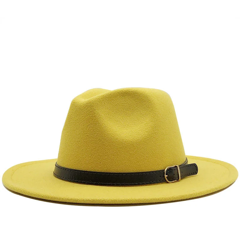 

Yellow White Fedora Hats For Women Imitation Wool Fedoras Panama Felt Hat Winter Men Jazz Hats Trilby Chapeau Femme Caps 56-60CM