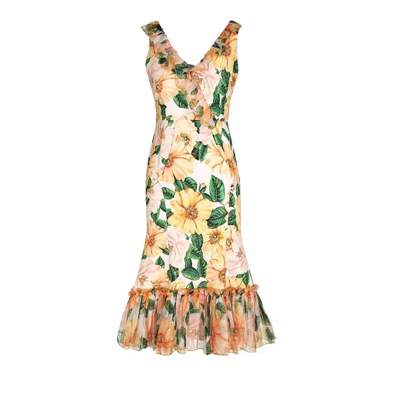 Women's Runway Dresses Sexy V Neck Sleeveless Floral Printed Ruffles Fashion High Street Casual Summer Dresses
Women's Runway Dresses Sexy V Neck Sleeveless Floral Printed Ruffles Fashion High Street Casual Summer Dresses