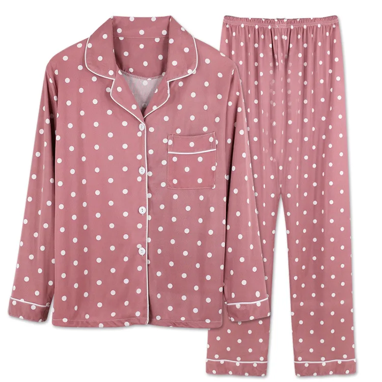 Autumn and winter long-sleeved pajamas women's lapel cardigan suit polka-dot trousers home clothes can be worn outside in spring
Autumn and winter long-sleeved pajamas women's lapel cardigan suit polka-dot trousers home clothes can be worn outside in spring