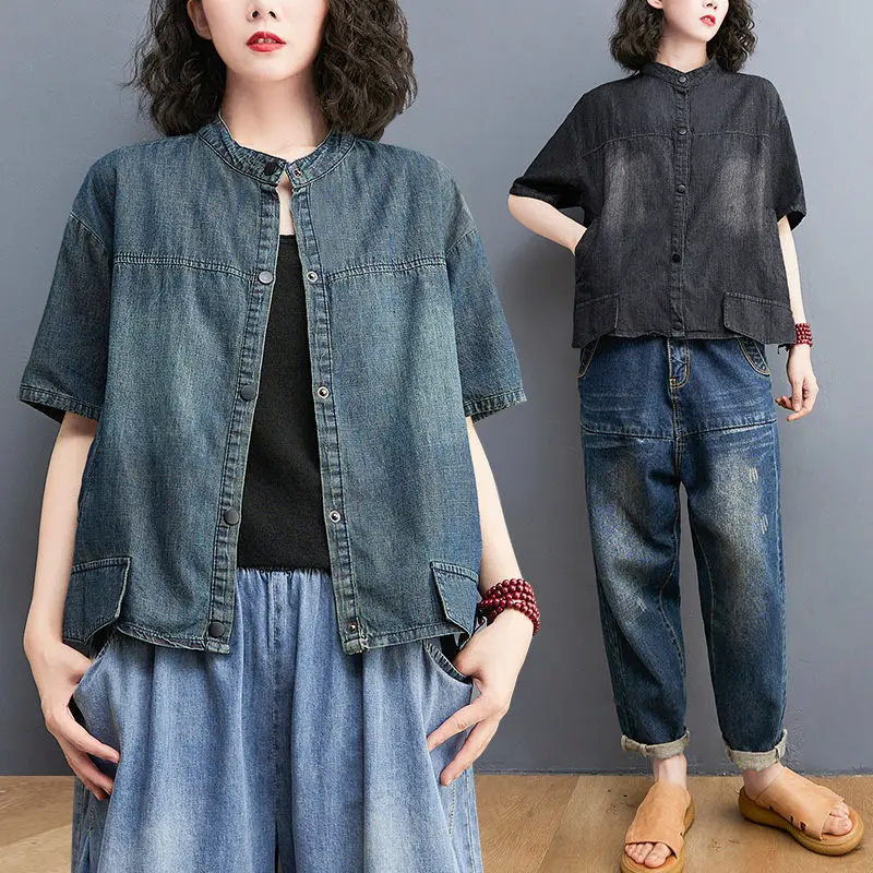 2021 Oversize Summer Retro Denim Shirt Stand Up Collar Short Sleeve Single-Breasted Jacket Casual Simple Women's Clothing zh1252
2021 Oversize Summer Retro Denim Shirt Stand Up Collar Short Sleeve Single-Breasted Jacket Casual Simple Women's Clothing zh1252