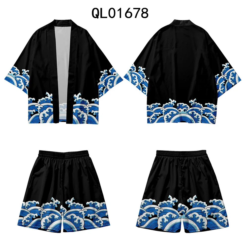 Japanese Men Harajuku Cardigan And Shorts Set Kimono Summer Loose Shirt Tops Casual Black Waves Print Kimono Coat Yukata Robe
Japanese Men Harajuku Cardigan And Shorts Set Kimono Summer Loose Shirt Tops Casual Black Waves Print Kimono Coat Yukata Robe