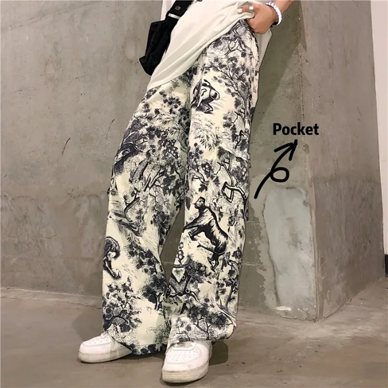Женские широкие брюки карго HOUZHOU Harajuku с принтом в стиле панк и хиппи Прямая