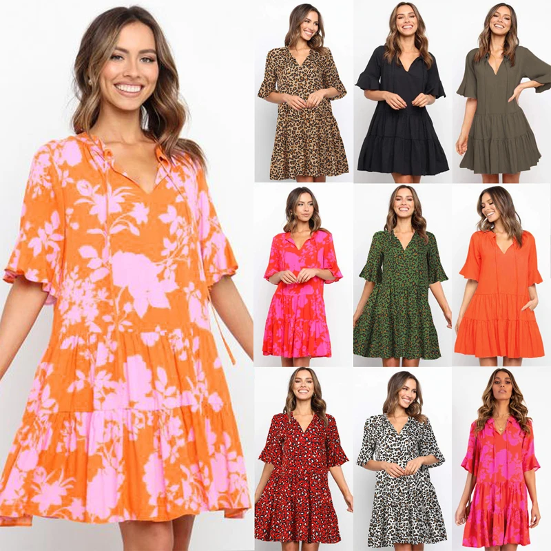 Summer 2021 Women Floral Dress Stitching Mini Casual Short Sleeve V-Neck Flared Sleeves Female Holiday Sexy Leopard Print Lady
Summer 2021 Women Floral Dress Stitching Mini Casual Short Sleeve V-Neck Flared Sleeves Female Holiday Sexy Leopard Print Lady