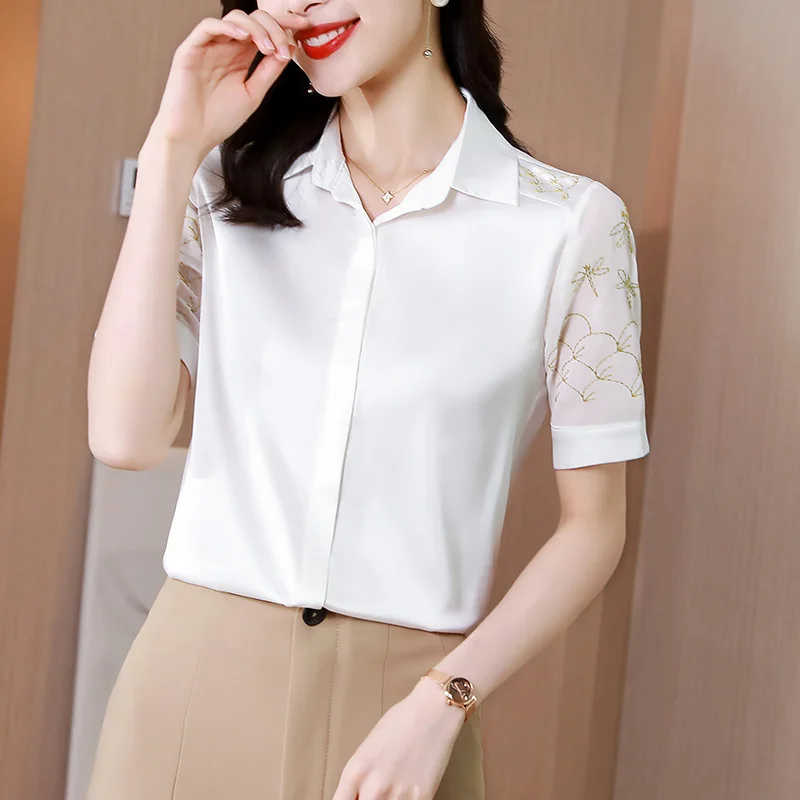 2021 Fashion Summer Satin Shirt Short Sleeve Professional Shirts Embroidery Chiffon Ladies Tops Button OL Elegant Women Clothing
2021 Fashion Summer Satin Shirt Short Sleeve Professional Shirts Embroidery Chiffon Ladies Tops Button OL Elegant Women Clothing