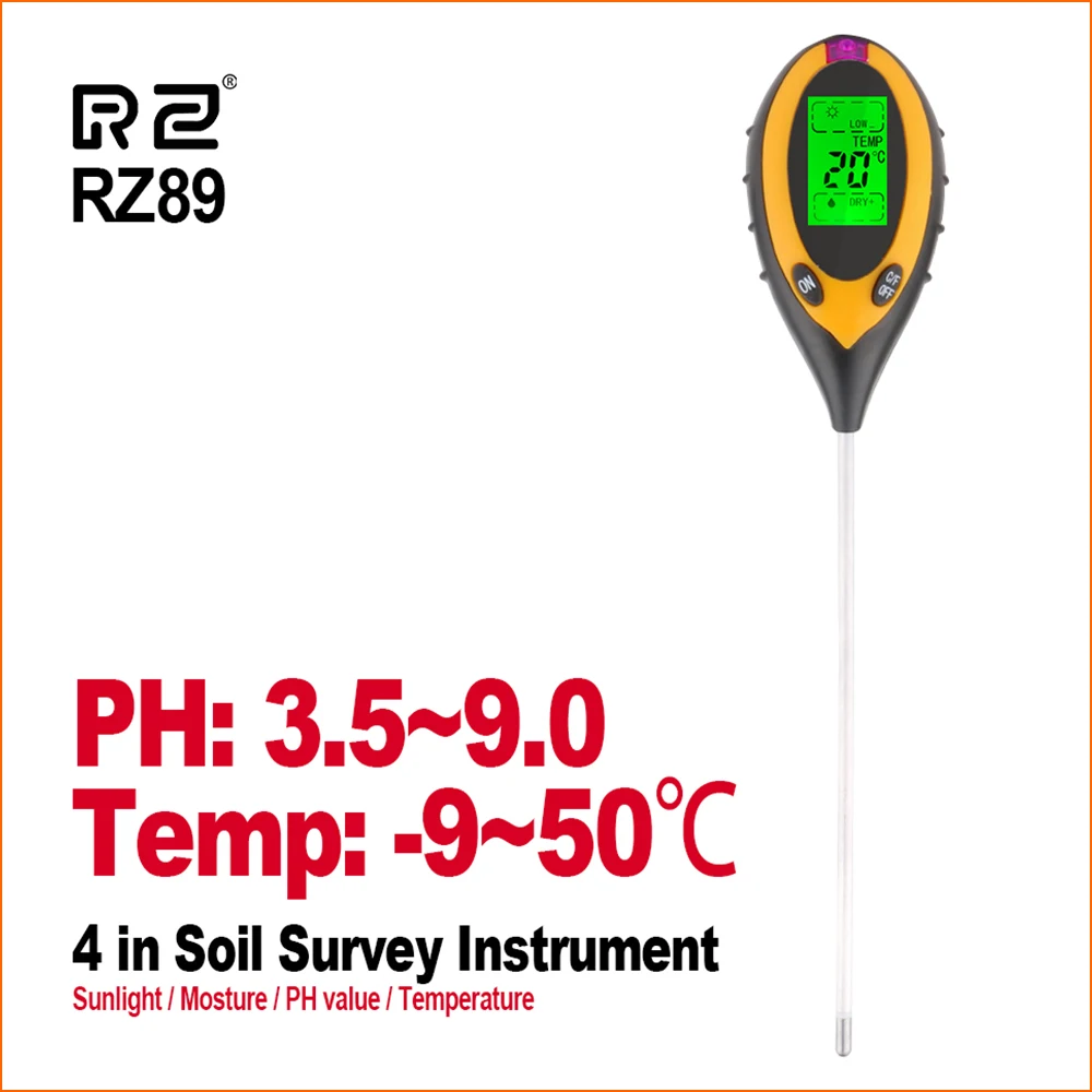 

RZ 4 IN 1 Soil Tester Humidity Detector Digital PH Meter Soil Moisture Monitor Hygrometer Gardening Plant Lignt Sunlight Tester