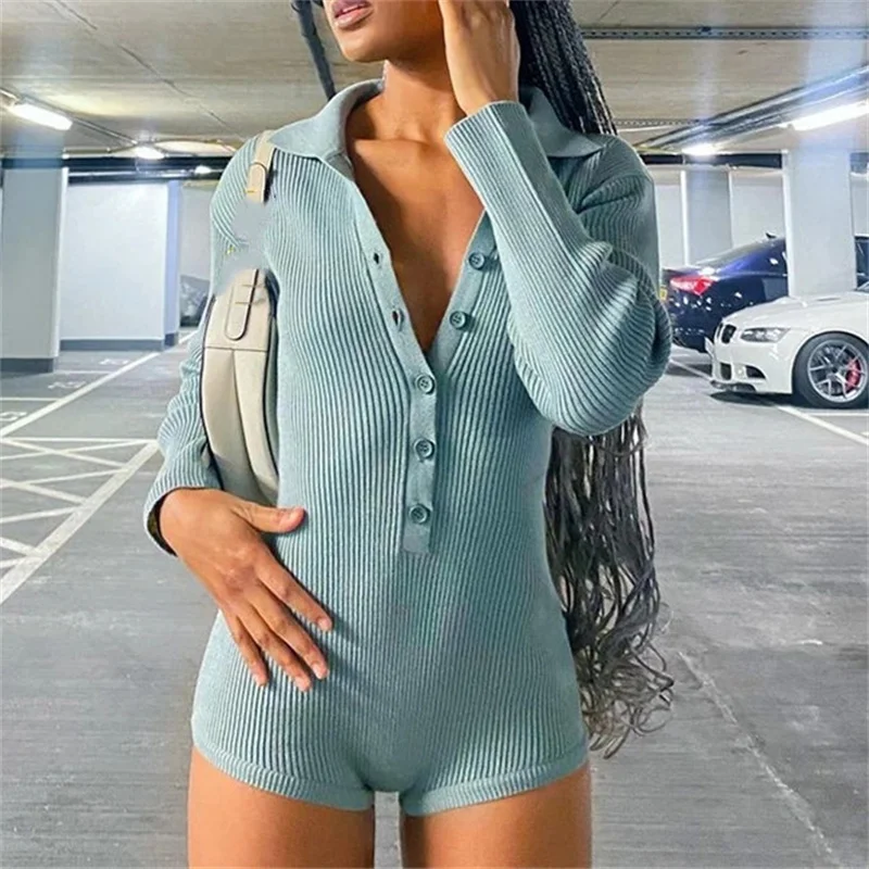 Solid Knitted Playsuits Single-Breasted Long Sleeve Jumpsuits Turn Down Collar Slim V-neck Casual Women Playsuit 2021
Solid Knitted Playsuits Single-Breasted Long Sleeve Jumpsuits Turn Down Collar Slim V-neck Casual Women Playsuit 2021