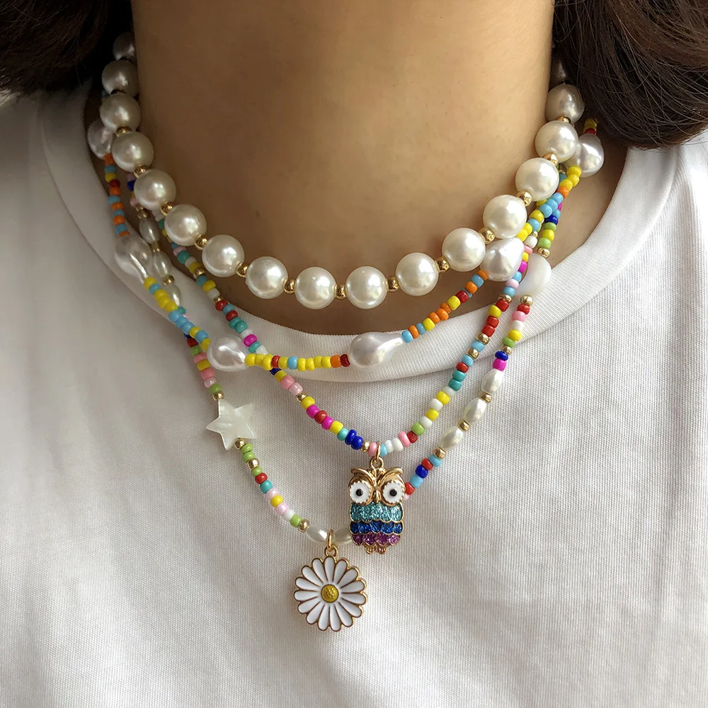 

Bohemian ins Style Handmade Beaded Color Necklace Women's Fashion Pearl Owl Flower Collar Color Rice Bead Clavicle Chain Jewelry