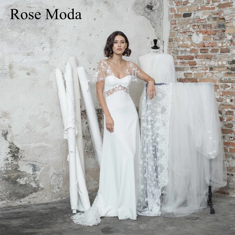 Rose Moda Short Cap Sleeves Two Pieces Beach Wedding Dress with Lace Train Custom Make
Rose Moda Short Cap Sleeves Two Pieces Beach Wedding Dress with Lace Train Custom Make
