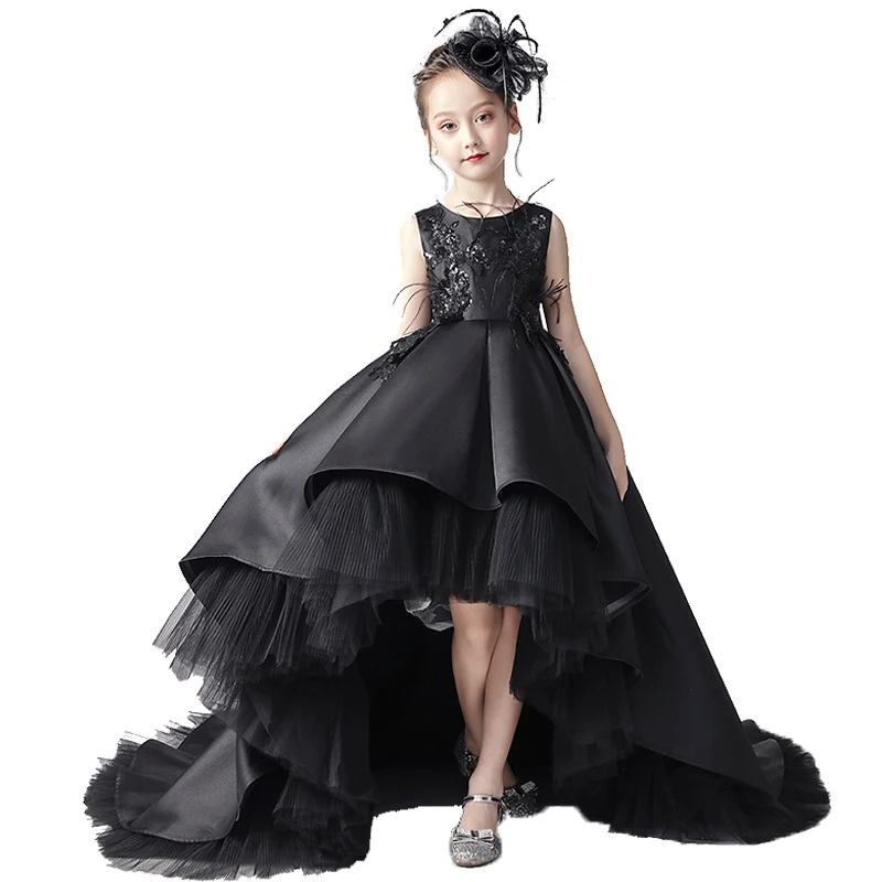 Long Train Flower Girl Dresses Black Satin High Low Ball Gown Kids Evening Dress Little Girl Wedding Party Dress First Communion
Long Train Flower Girl Dresses Black Satin High Low Ball Gown Kids Evening Dress Little Girl Wedding Party Dress First Communion