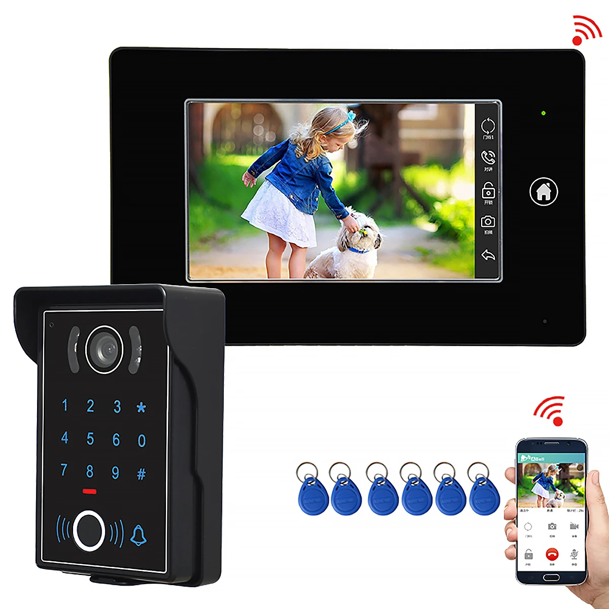 

7 Inch Wired Wireless Wifi Video Doorbell System, Video Intercom Door Phone Support Video Recording Password RFID Keyfob Unlock