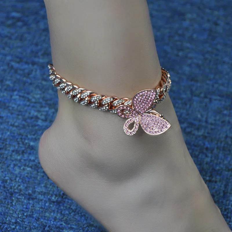 

2021 New Trendy Hig Quality Hip-hop Butterfly Cuban Anklet Chain,Crystal Shiny Butterfly High-Quality Anklet For Women Friends