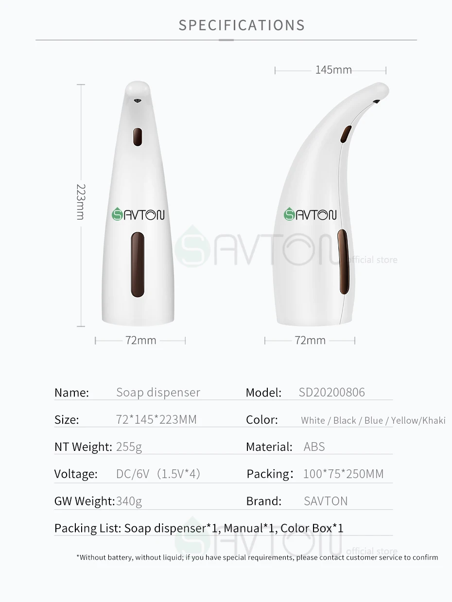 SAVTON 300ml Soap Dispenser Intelligent Automatic For Bathroom Kitchen Hand Washing Convenitent Soap Dispenser Pump Touchless
SAVTON 300ml Soap Dispenser Intelligent Automatic For Bathroom Kitchen Hand Washing Convenitent Soap Dispenser Pump Touchless