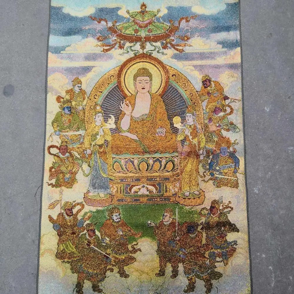 

35"Thangka Embroidery Tibetan Buddhism silk Embroidery brocade Nepal Da Ri Tathagata Buddha Shakyamuni Thangka Town house