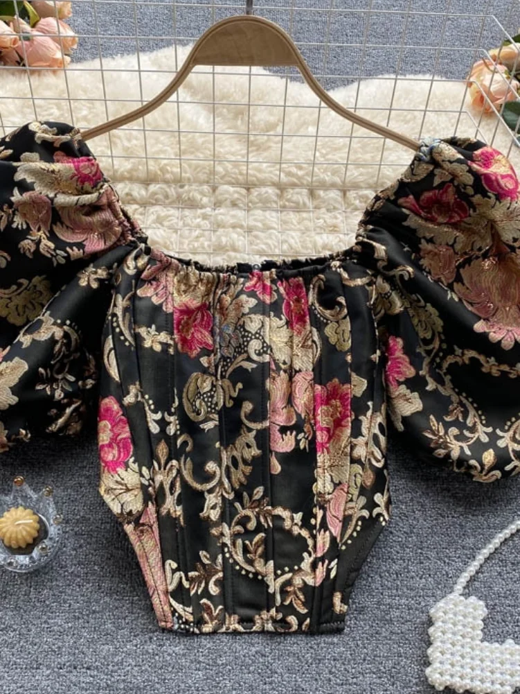 Crop Top Women Summer Irregular Slim-Fit Short Bubble Sleeve Retro Jacquard Shirt Lady Blouses Femme Nancylim 2021
Crop Top Women Summer Irregular Slim-Fit Short Bubble Sleeve Retro Jacquard Shirt Lady Blouses Femme Nancylim 2021