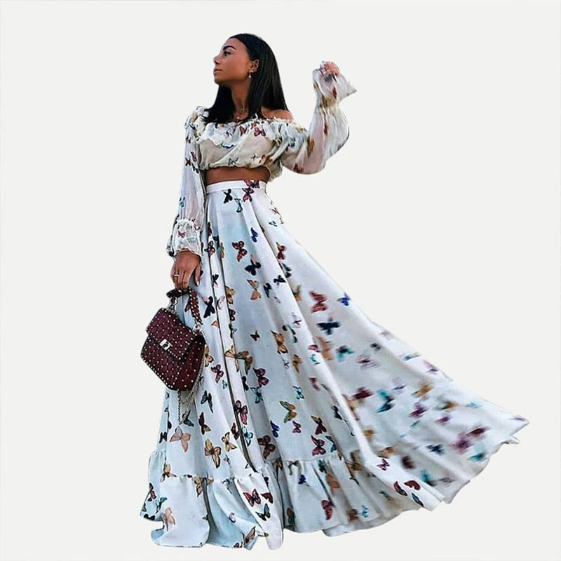 2021 Spring/Summer Bohemian Lanon 2-piece Set Fit Flare Ladies Dress Long Sleeve Butterfly Print Skirt Slash Neck Beach Dresses 
2021 Spring/Summer Bohemian Lanon 2-piece Set Fit Flare Ladies Dress Long Sleeve Butterfly Print Skirt Slash Neck Beach Dresses