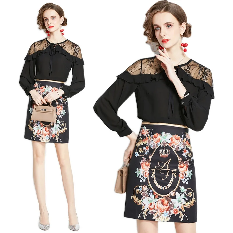 Spring Summer Women Fashion Lace Patchwork Ruffles Black Shirt Long Sleeve Tops and Luxury Print Skirts 2 Two Piece Sets Suits
Spring Summer Women Fashion Lace Patchwork Ruffles Black Shirt Long Sleeve Tops and Luxury Print Skirts 2 Two Piece Sets Suits