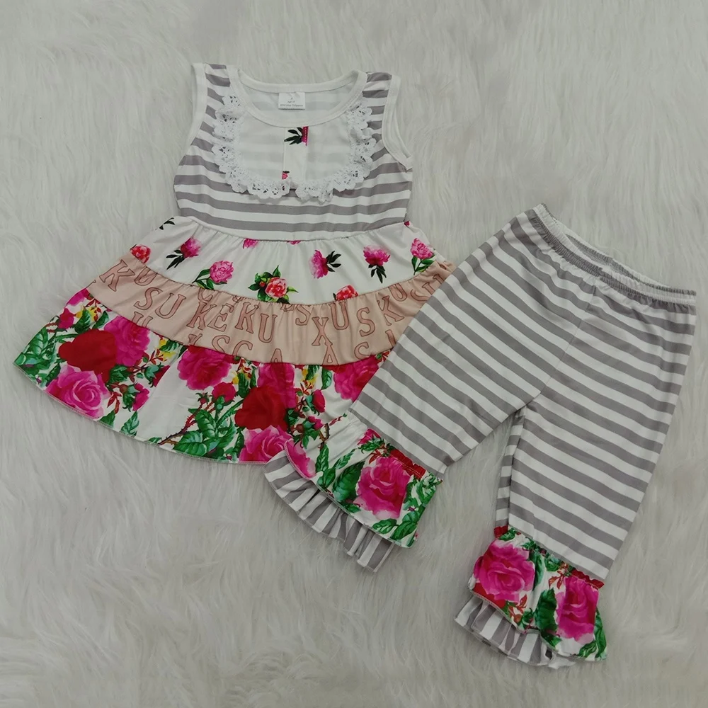 

Children kids baby girl infant new fashion boutique floral O-neck sleeveless tunic striped layers pant outfits clothes clothing