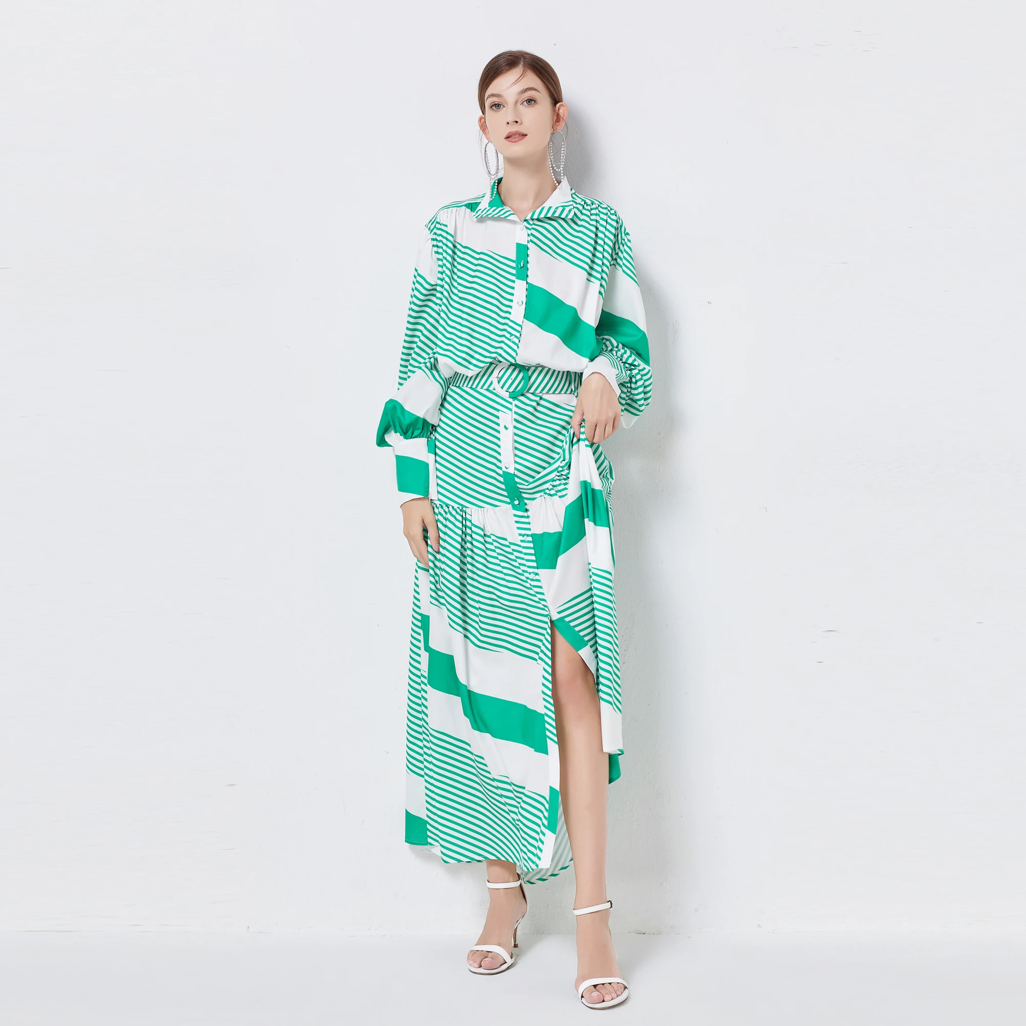 Elegant Green Striped Lantern Sleeve Party Dresses 2021 Autumn For Women Vintage Single-Breasted Casual Belt Shirt Long Dress
Elegant Green Striped Lantern Sleeve Party Dresses 2021 Autumn For Women Vintage Single-Breasted Casual Belt Shirt Long Dress