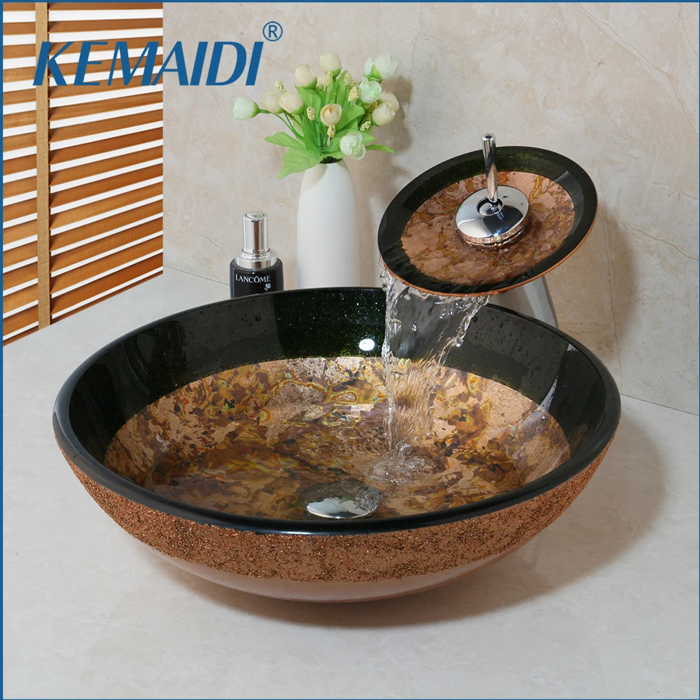 

KEMAIDI Countertop Basin Sinks Bathroom Victory Vessel Washbasin Tempered Glass Sink With Chrome Waterfall Faucet Sets