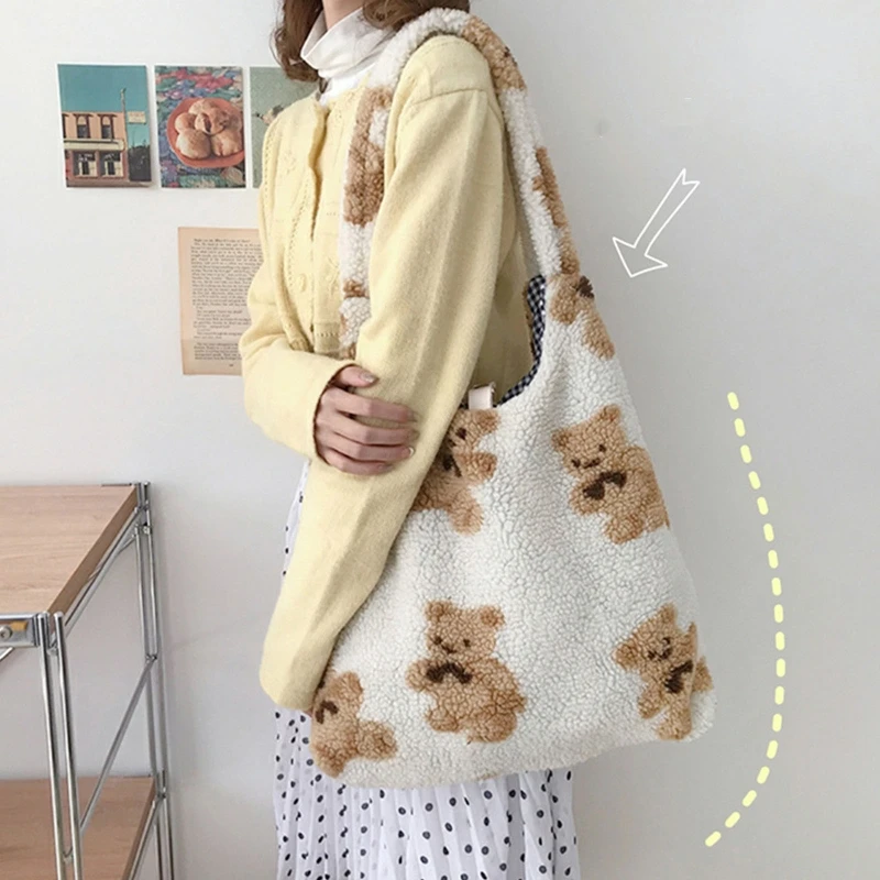 Women Lamb Like Fabric Shoulder Tote Bag Canvas Fluffy Fur Bear Handbags Large Capacity Soft Shopping Bags Girls Cute School Bag
Women Lamb Like Fabric Shoulder Tote Bag Canvas Fluffy Fur Bear Handbags Large Capacity Soft Shopping Bags Girls Cute School Bag