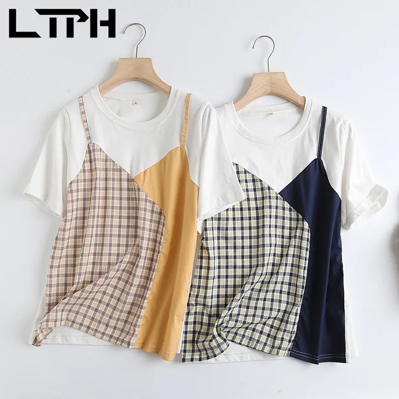 LTPH Korean fake two-piece splicing plaid short sleeve cotton t shirt women O-Neck ins shirt vintage loose tops 2021 Summer New
LTPH Korean fake two-piece splicing plaid short sleeve cotton t shirt women O-Neck ins shirt vintage loose tops 2021 Summer New
