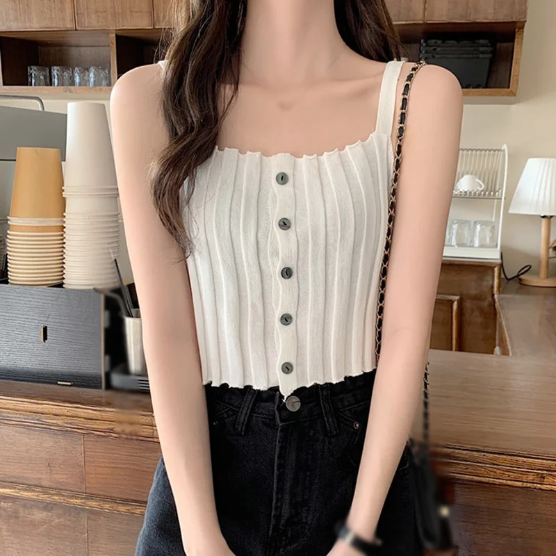 Women Suspender Knitted Camis Sleeveless Buttons Trim Tank Tops Sling Sexy Summer Vests for Girl 2021
Women Suspender Knitted Camis Sleeveless Buttons Trim Tank Tops Sling Sexy Summer Vests for Girl 2021
