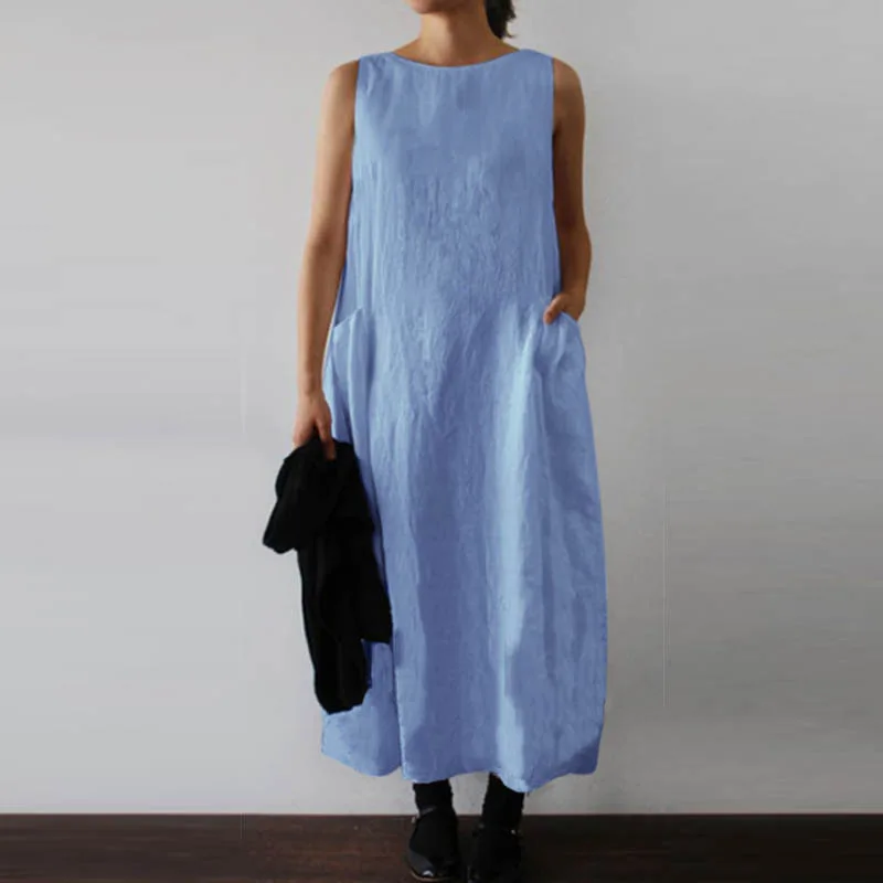Cotton Linen Casual Women Hot Sale Style Round Neck Sleeveless Double Patch Pocket Long Dress
Cotton Linen Casual Women Hot Sale Style Round Neck Sleeveless Double Patch Pocket Long Dress
