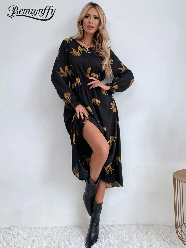 Benuynffy O-Neck Animal Print A-Line Dress Women Spring Fall Casual Long Sleeve Elastic Waist Female Vintage Midi Dresses
Benuynffy O-Neck Animal Print A-Line Dress Women Spring Fall Casual Long Sleeve Elastic Waist Female Vintage Midi Dresses