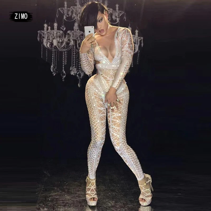 Sexy White glitter Jumpsuit womens rhinestone Costume One piece Nightclub Outfit Party Wear Dance Singer Stage Performance gogo
Sexy White glitter Jumpsuit womens rhinestone Costume One piece Nightclub Outfit Party Wear Dance Singer Stage Performance gogo