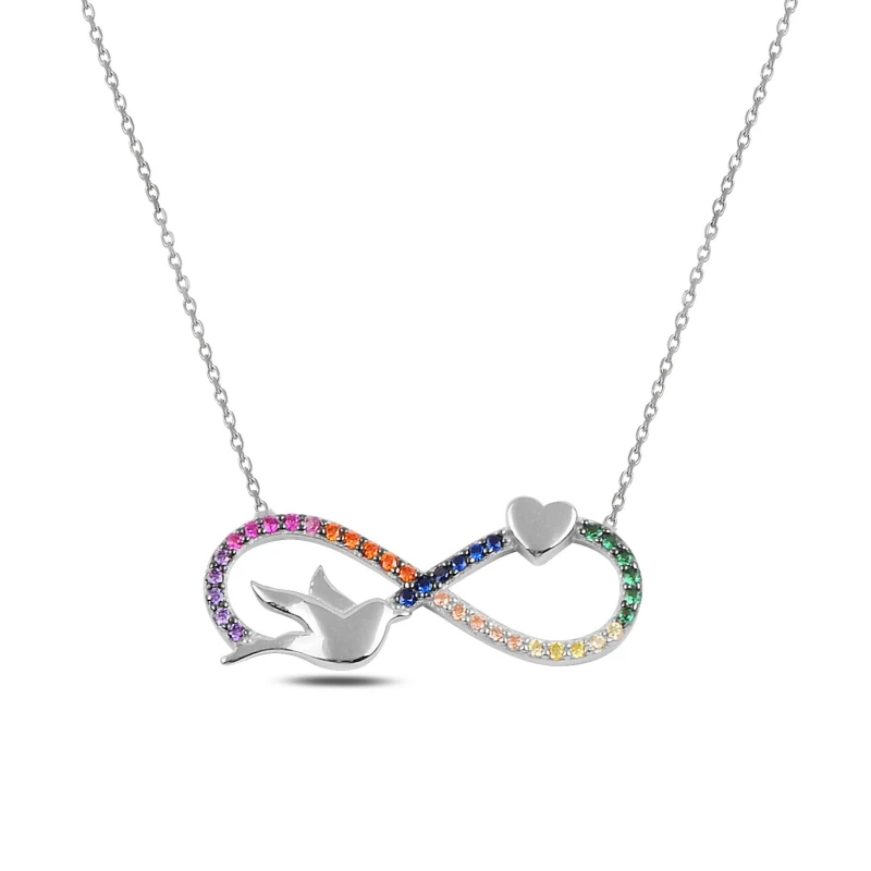 

Разноцветное серебряное ожерелье Silverlina Infinity, сердце и птица из фианита