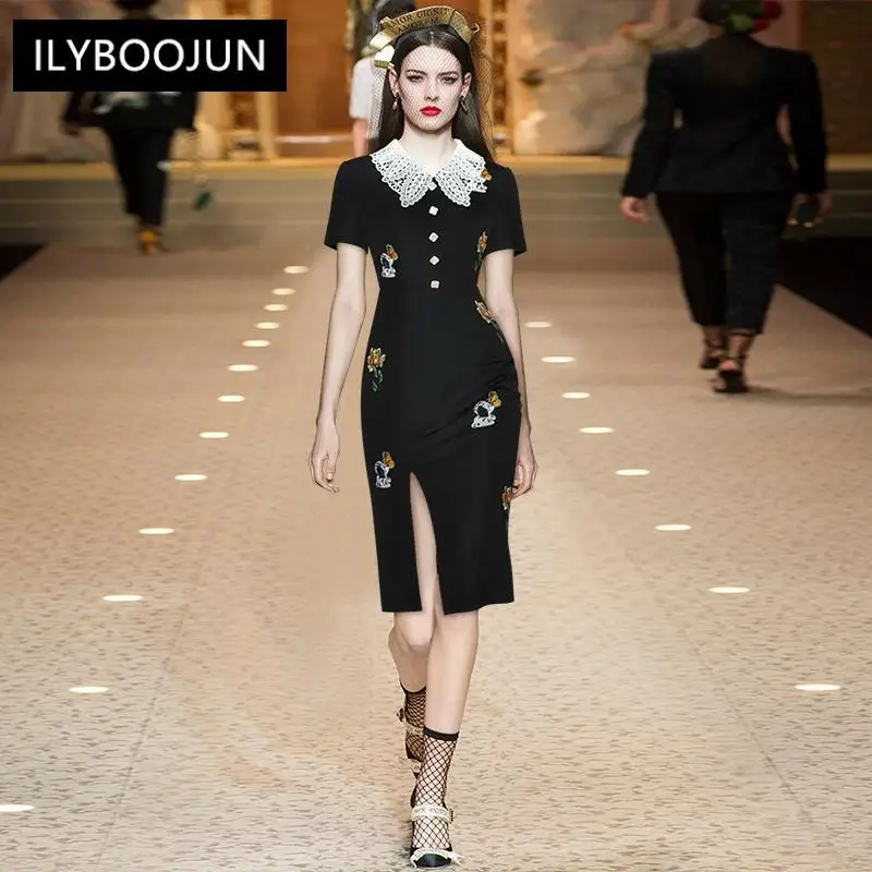 Fashion Designer Summer Black Midi Dress Women's Lace Turn-down Collar Embroidered Slim Vintage Party Dress
Fashion Designer Summer Black Midi Dress Women's Lace Turn-down Collar Embroidered Slim Vintage Party Dress