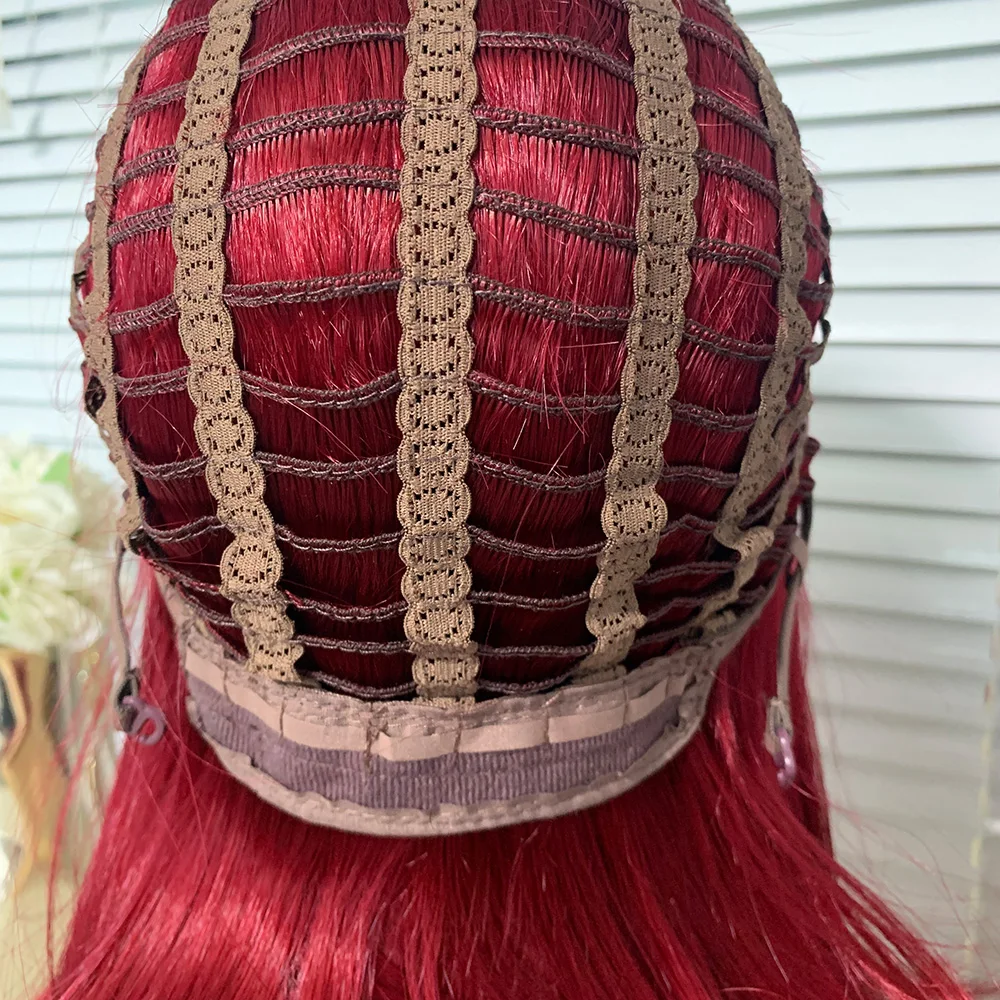 Red Colored Short Bob Straight Synthetic Full Machine Made Wig Free Part with Bangs Natural Hairline Daily Use For Women 
Red Colored Short Bob Straight Synthetic Full Machine Made Wig Free Part with Bangs Natural Hairline Daily Use For Women