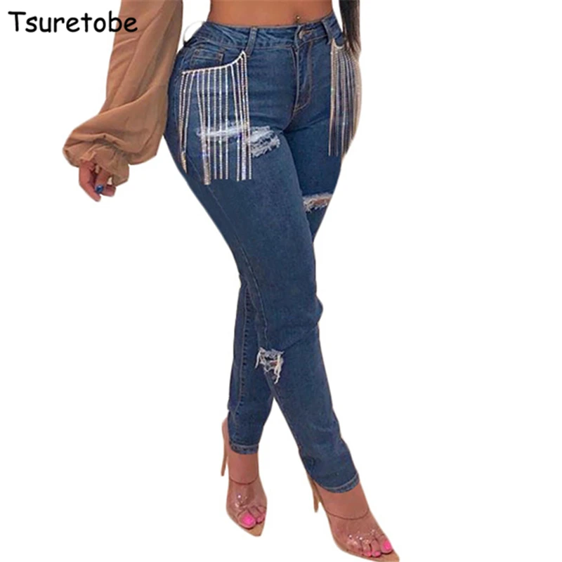 

Tsuretobe Autumn Fashion Hole Ripped Jeans Women Bodycon Tassel Denim Pencil Pants Casual Slim High Waist Jeans Skinny Trousers