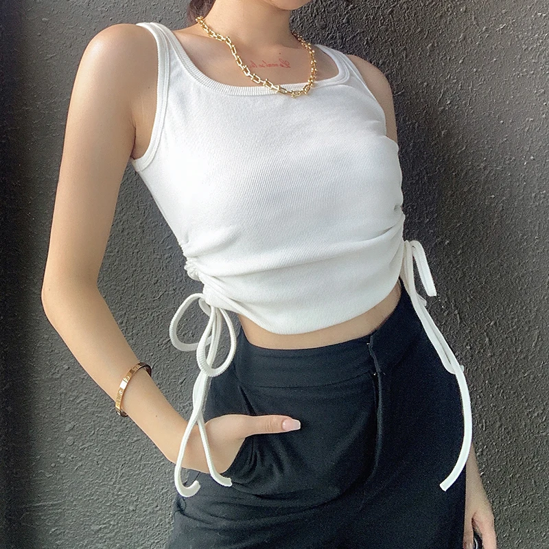 

Drawstring Tank Tops Solid Women Home Loungewear Women's Crop Top Ribbed Sleeveless Slim Tanks Casual Undershirt Basic