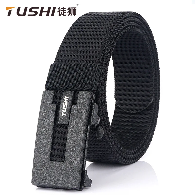 

TUSHI 2021 New Fashion Business Men Belt 120cm*3.4cm Nylon Weave Waistband Metal Automatic Buckle Male Girdle Cinto Masculino