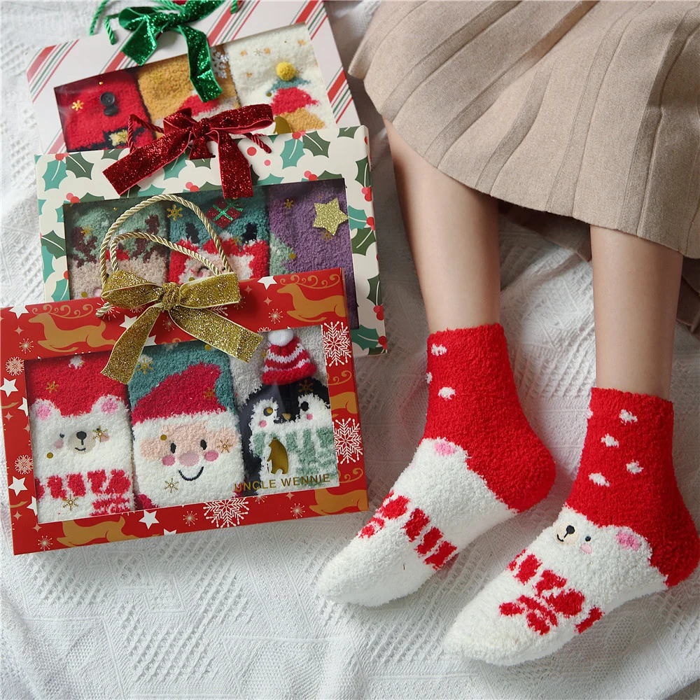 

3Pairs/lot Coral Velvet Christmas Socks Cartoon Santa Claus Elk Snowman Thickened Warm Female Sleep Home Socks