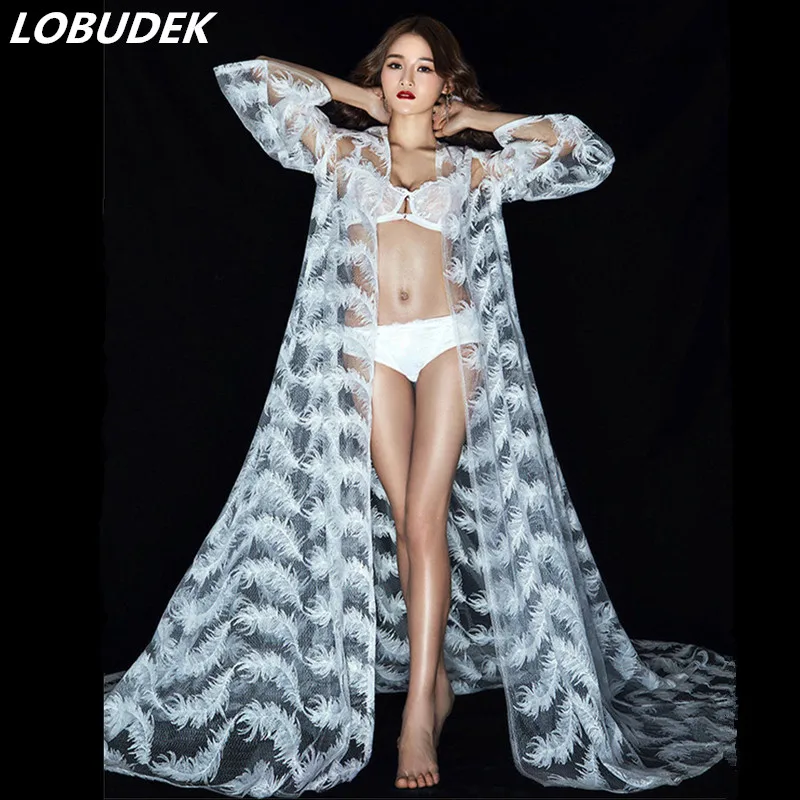 Sexy See-through Women Modern Dress White Feather Perspective Mesh Long Cloak Coat Models Catwalk Costume Nightclub Performance
Sexy See-through Women Modern Dress White Feather Perspective Mesh Long Cloak Coat Models Catwalk Costume Nightclub Performance