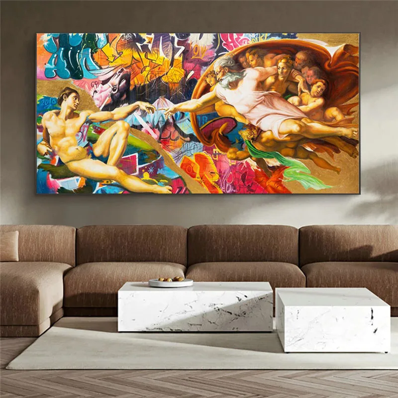 

Graffiti Abstract Canvas Art Classical Oil Painting Michelangelo Creation of Adam Wall Pictures for Living Room Modular Pictures