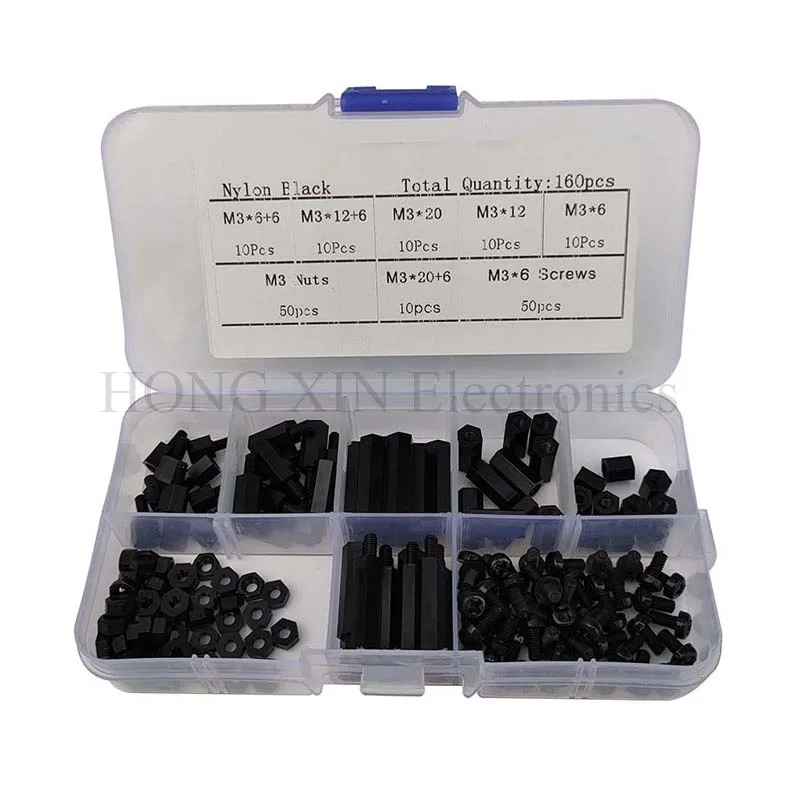 160Pcs M3 Nylon Standoff Hex Nylon Spacers Threaded Screws nuts Bolt nut set Box Black Assortment kit
160Pcs M3 Nylon Standoff Hex Nylon Spacers Threaded Screws nuts Bolt nut set Box Black Assortment kit