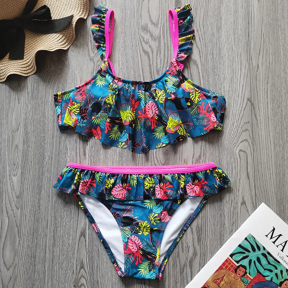 

Tropical Flounce Girl Swimsuit Kids Swimwear 6-14 Years Girl Bikini Set Ruffle Two Piece Children's Swimwear Girls Bathing Suit