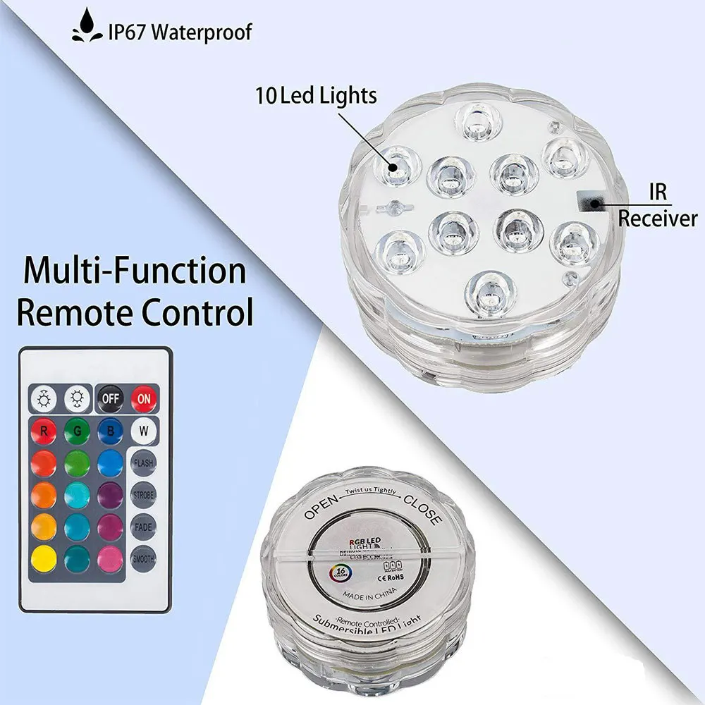 10 LED Remote Controlled RGB Submersible Light Outdoor Battery Operated Underwater Night Lamp Vase Bowl Garden Party Decoration
10 LED Remote Controlled RGB Submersible Light Outdoor Battery Operated Underwater Night Lamp Vase Bowl Garden Party Decoration