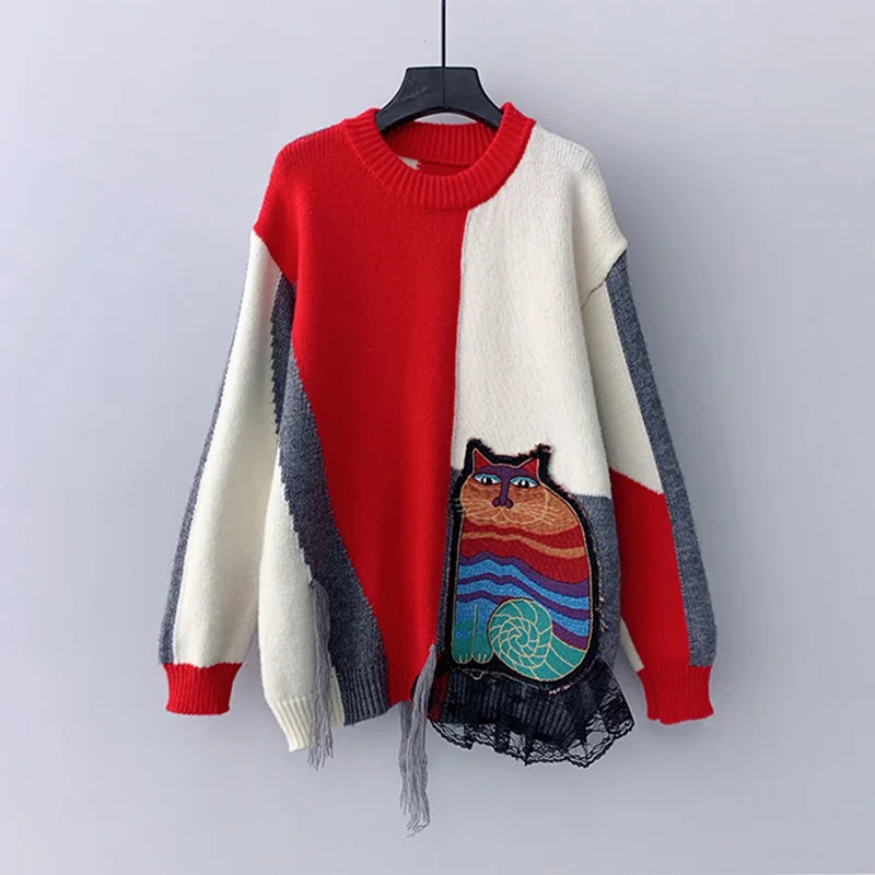 Loose Casual Long Sleeve Wild 2020 New Autumn Cartoon Cat Hit Color Mesh Patchwork Pullover Kniited Sweater Women
Loose Casual Long Sleeve Wild 2020 New Autumn Cartoon Cat Hit Color Mesh Patchwork Pullover Kniited Sweater Women
