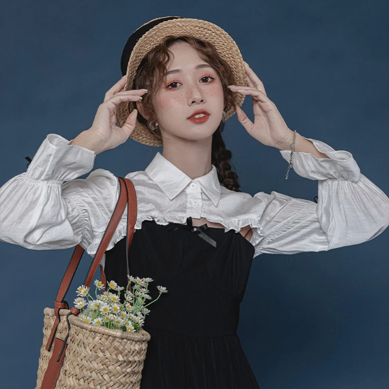 Women Vintage Puff Long Sleeve Half Top Blouse Ruffled Trim Buttons Lapel Fake Collar Detachable Dickey Crop Top Shawl
Women Vintage Puff Long Sleeve Half Top Blouse Ruffled Trim Buttons Lapel Fake Collar Detachable Dickey Crop Top Shawl