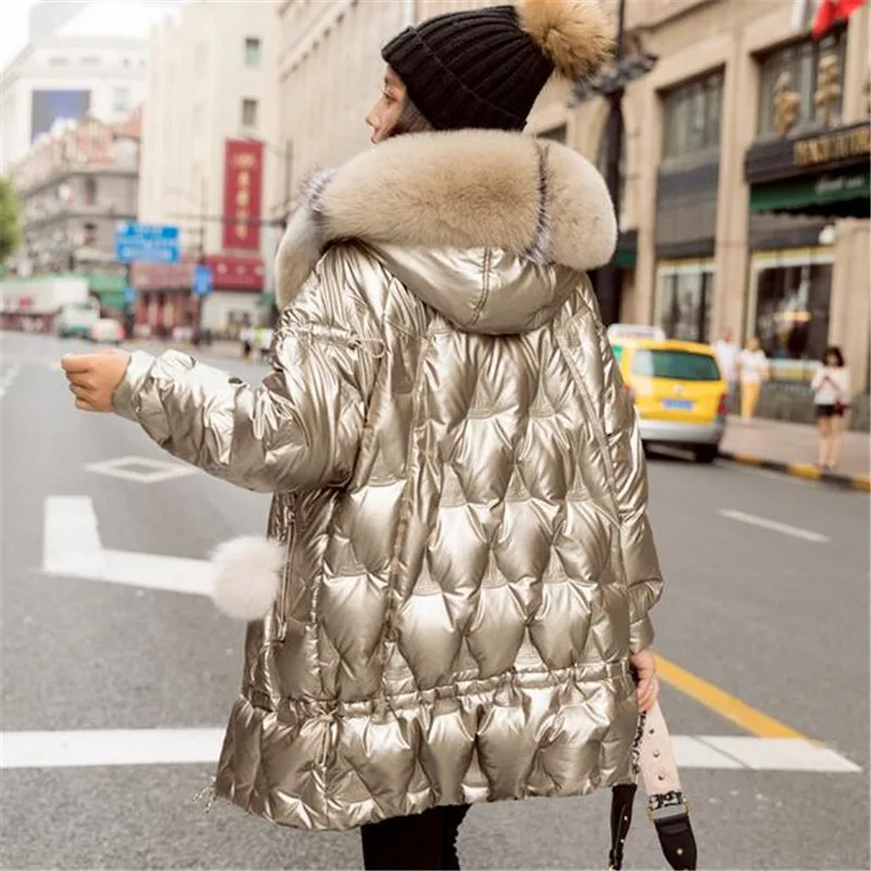 Women Winter Duck Down Jacket Hooded Big Fox Fur Collar Puffer Coat Korean Shiny Womens Down Jackets Parka
Women Winter Duck Down Jacket Hooded Big Fox Fur Collar Puffer Coat Korean Shiny Womens Down Jackets Parka